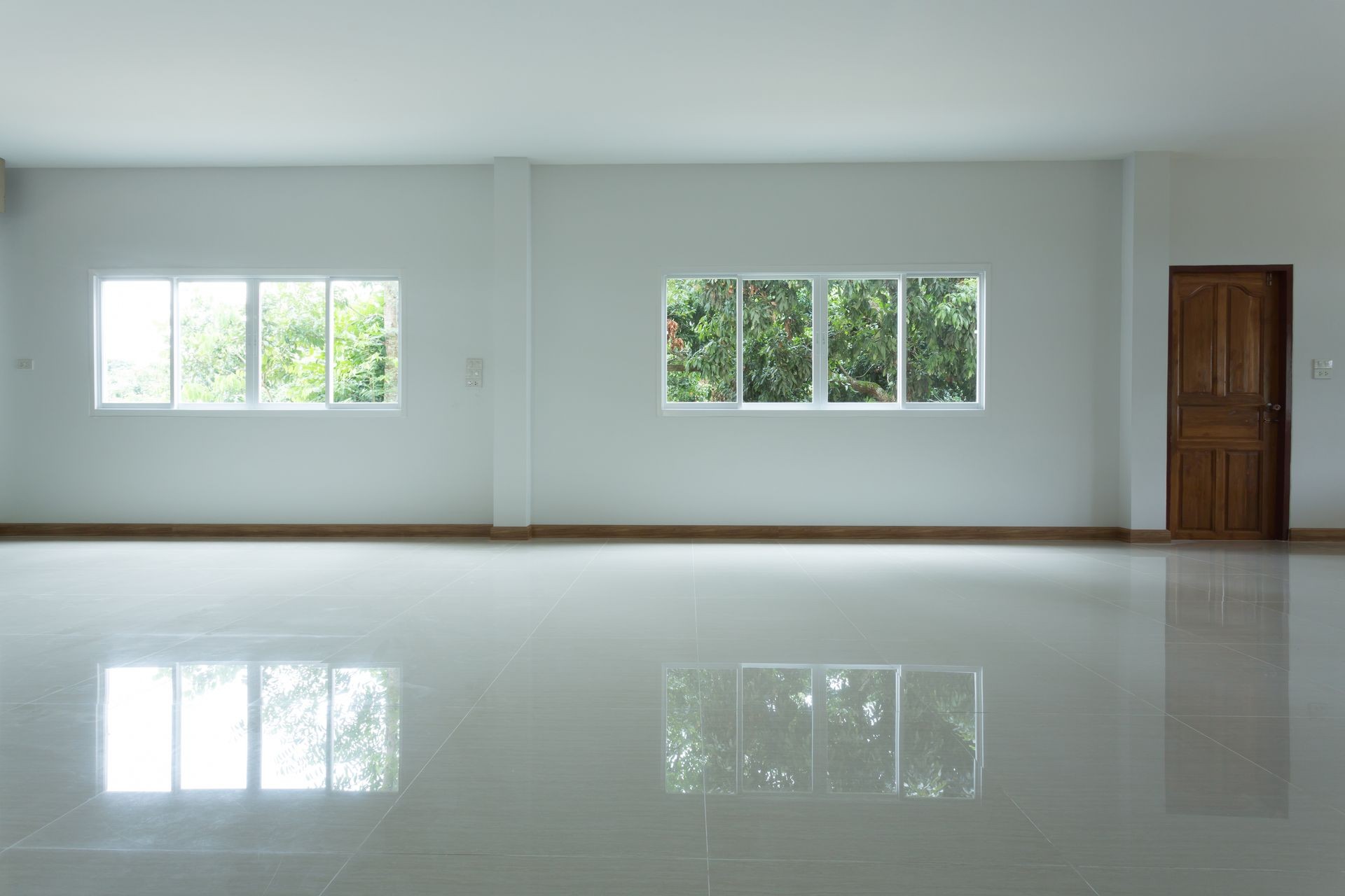 empty white room interior in residential house building with tile flooring and window pvc replacement decoration